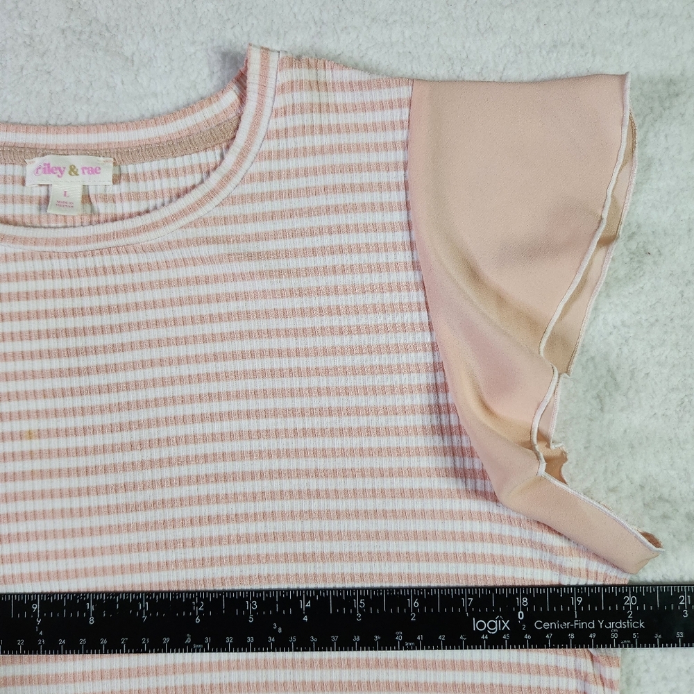 Riley & Rae Striped Ruffle Sleeve Top Pink White Ribbed Knit Large Summer - Picture 6 of 7